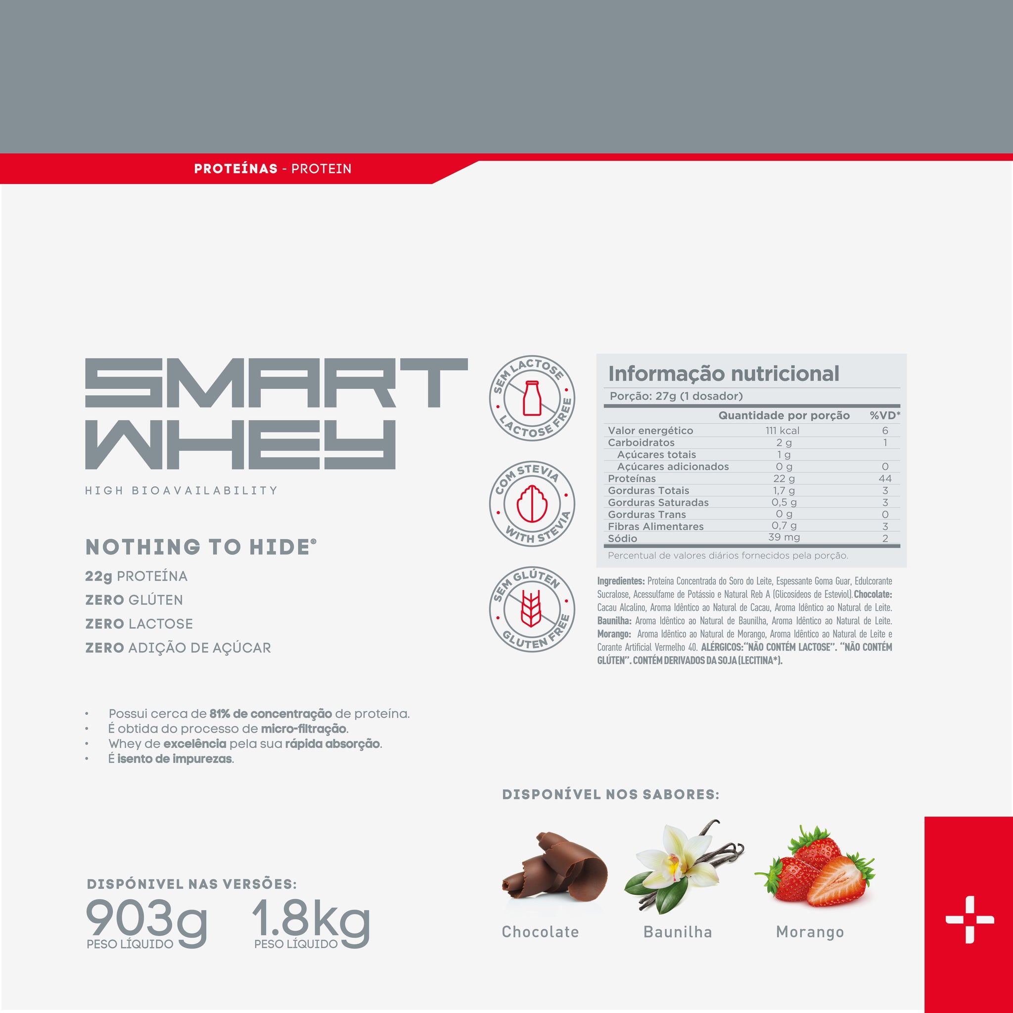 Smart Whey Zero Lactose 903g - Sabor Morango