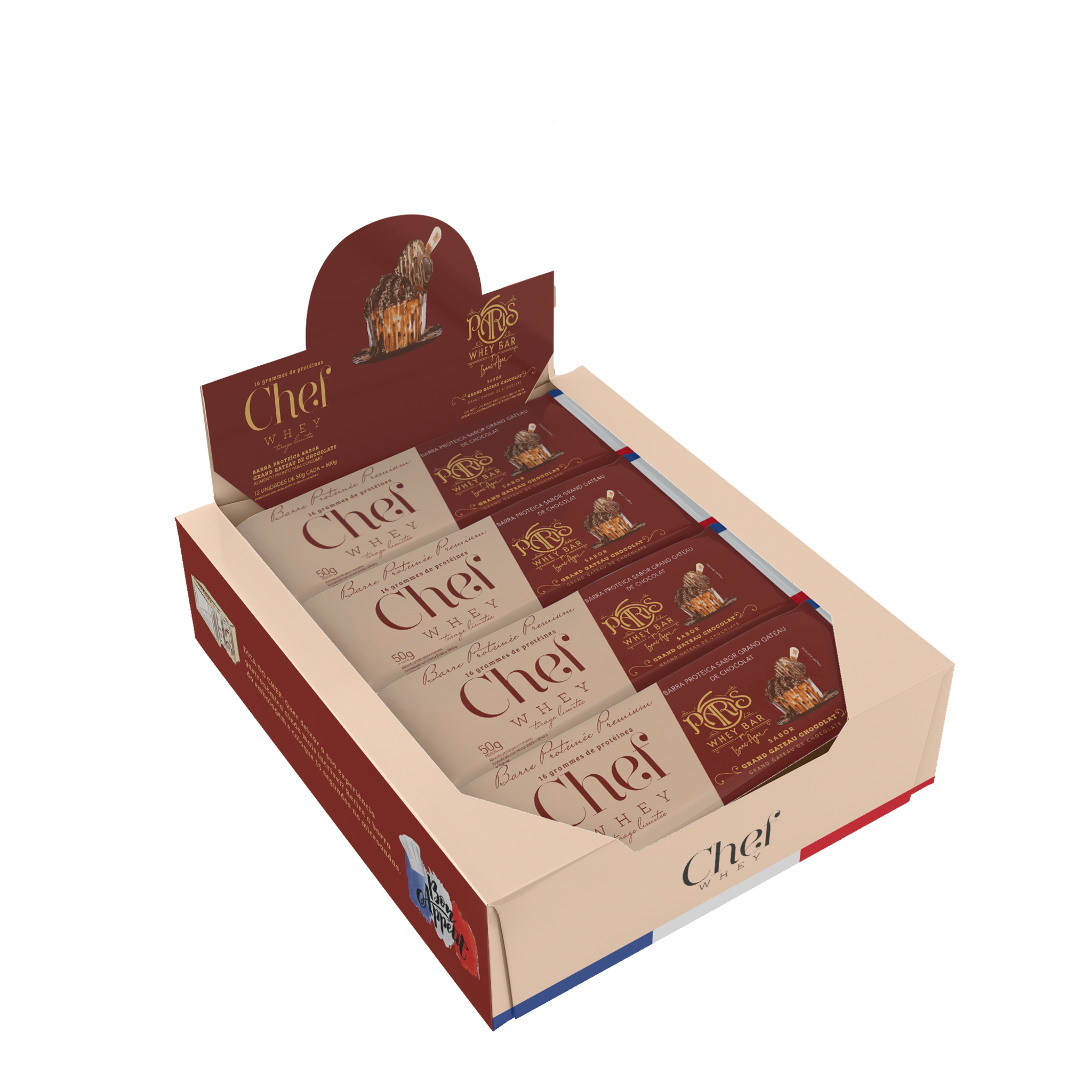 Caixa com 12 unidades da Barra de Proteína Chef Whey sabor Grand Gateau