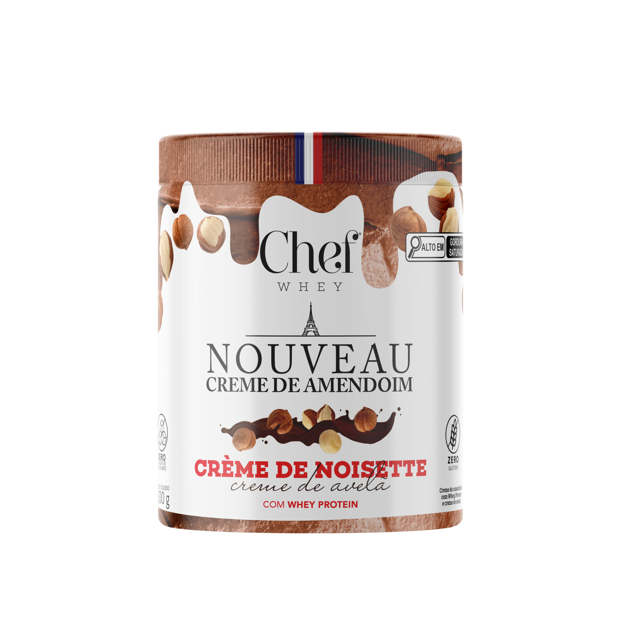 Pote de 600g do Creme de Amendoim com Avelã e Cacau da Chef Whey