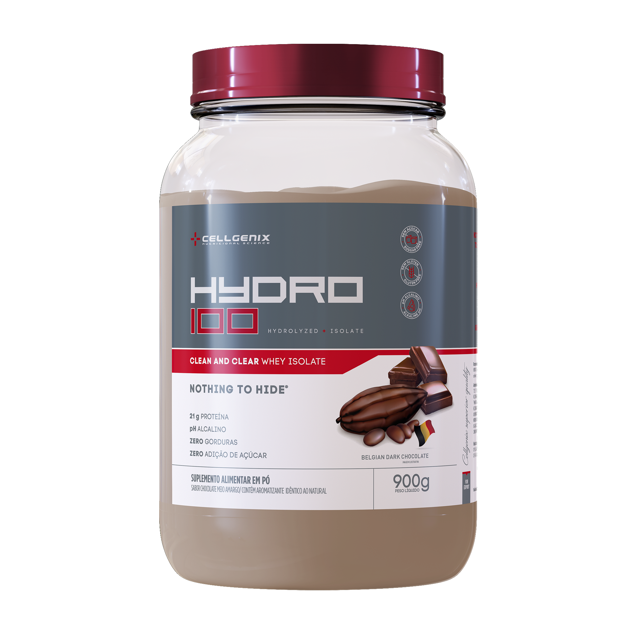 Pote de 900g do Hydro 100 Whey Hidrolisado sabor Chocolate Belga
