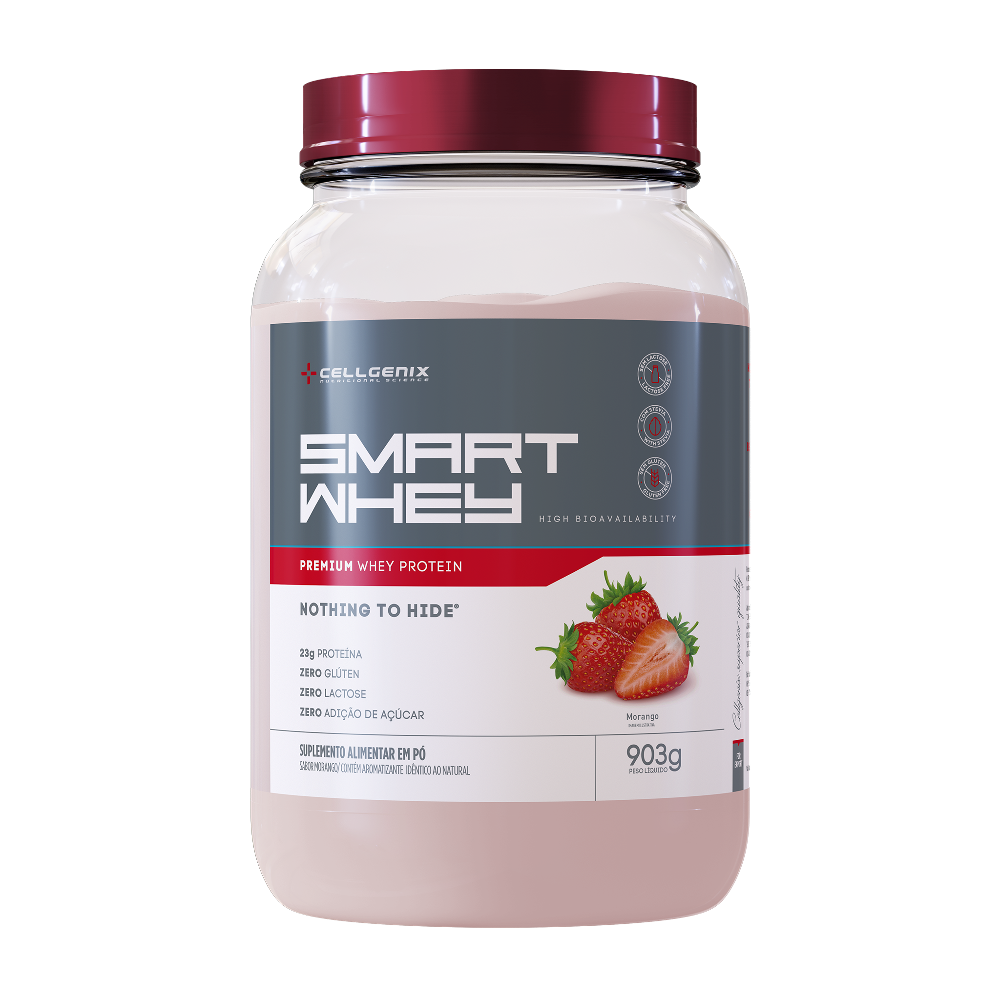 Pote de 903g do Smart Whey Zero Lactose sabor Triple Morango