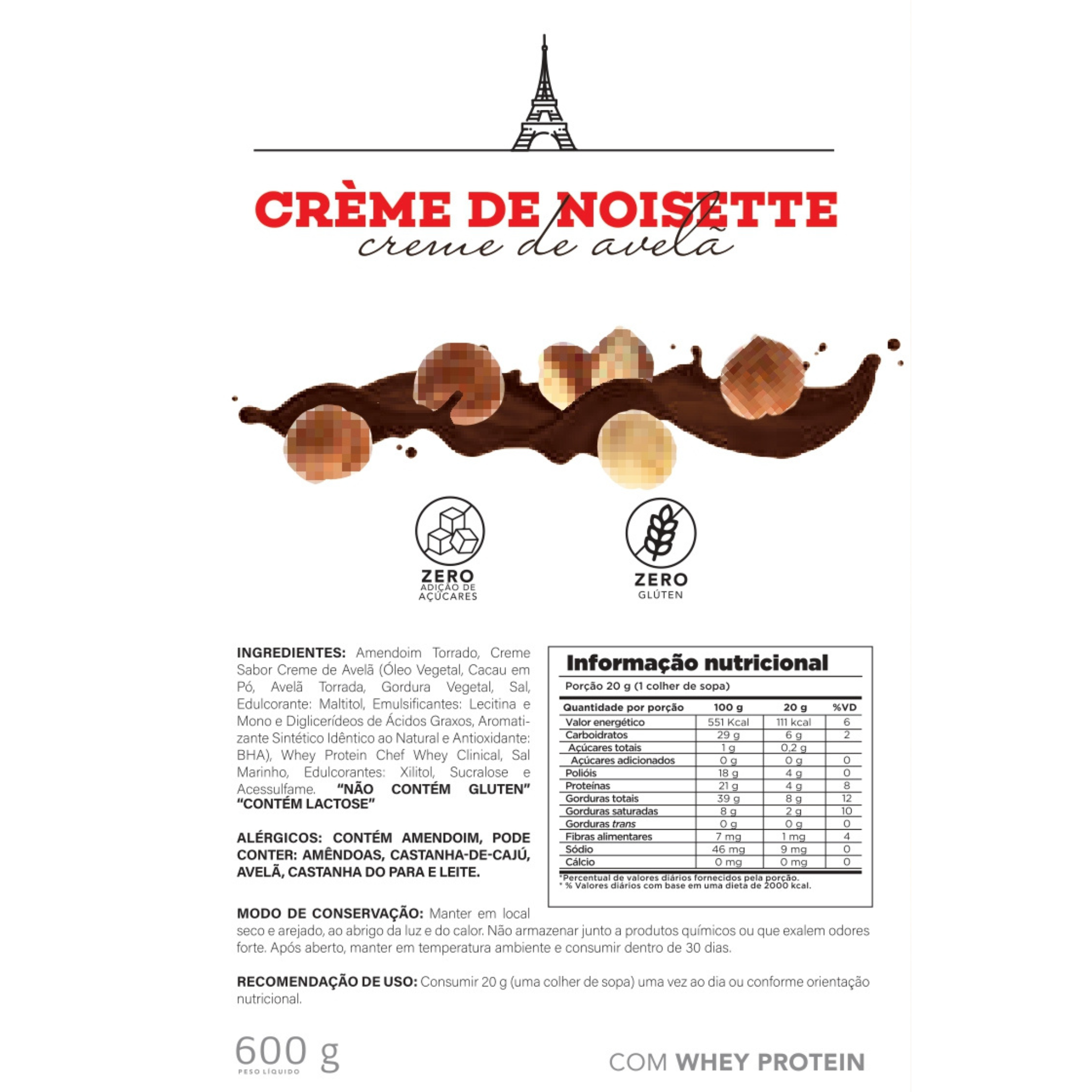 tabela nutricional Creme de Amendoim com Avelã e Cacau 600g - Sabor tipo Nutella | Chef Whey
